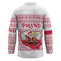 Poland Christmas Hockey Jersey with Santa Children Gingerbread Map Outline and Red Snowflake Knit Pattern Design - Wonder Print Shop