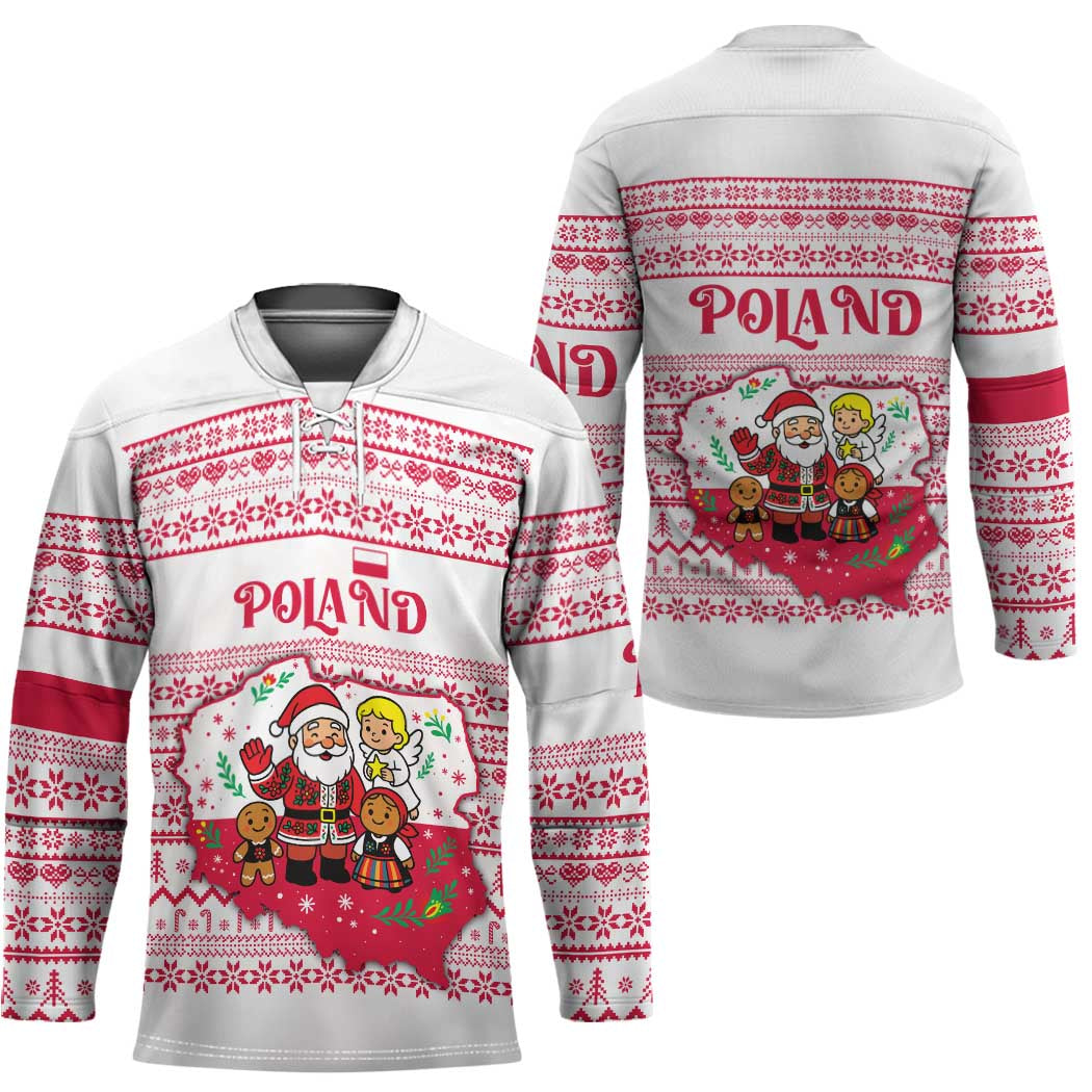 Poland Christmas Hockey Jersey with Santa Children Gingerbread Map Outline and Red Snowflake Knit Pattern Design - Wonder Print Shop