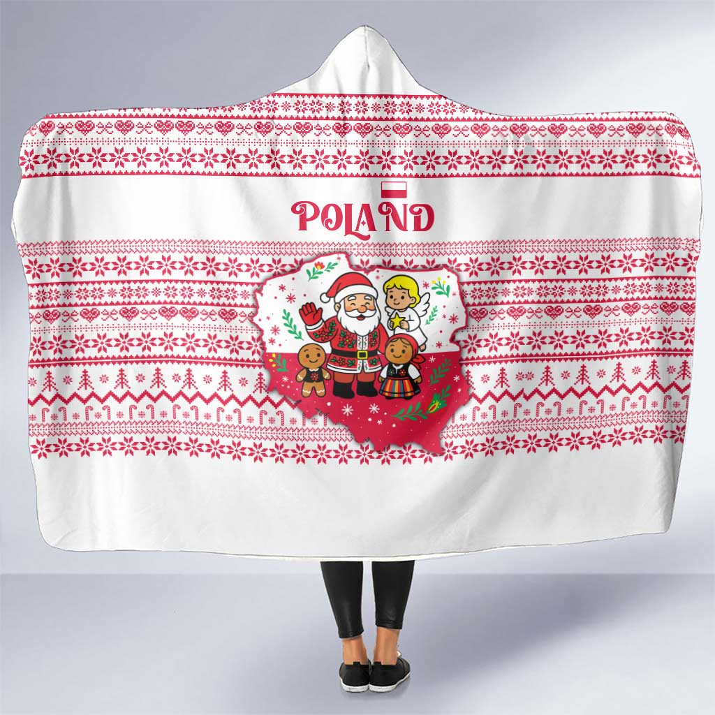 Poland Christmas Hooded Blanket with Santa Children Gingerbread Map Outline and Red Snowflake Knit Pattern Design - Wonder Print Shop