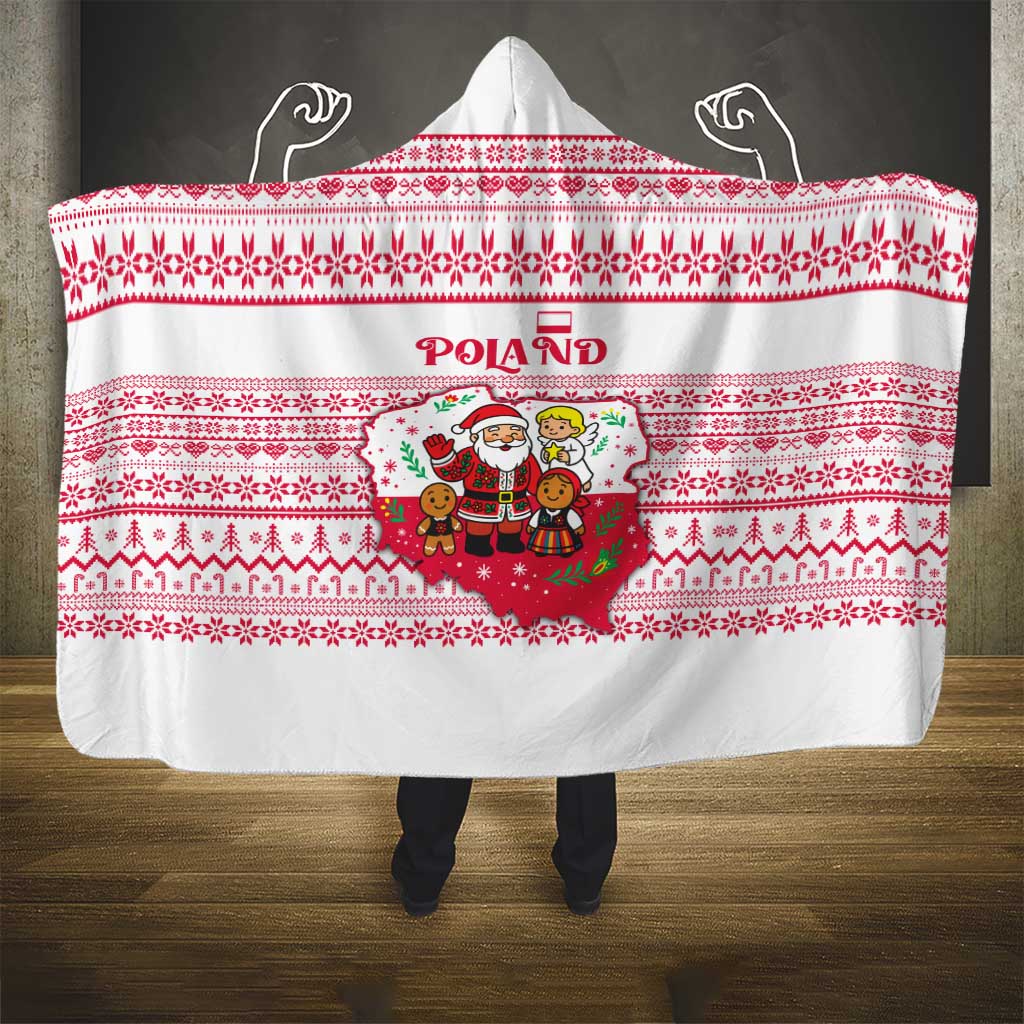 Poland Christmas Hooded Blanket with Santa Children Gingerbread Map Outline and Red Snowflake Knit Pattern Design - Wonder Print Shop