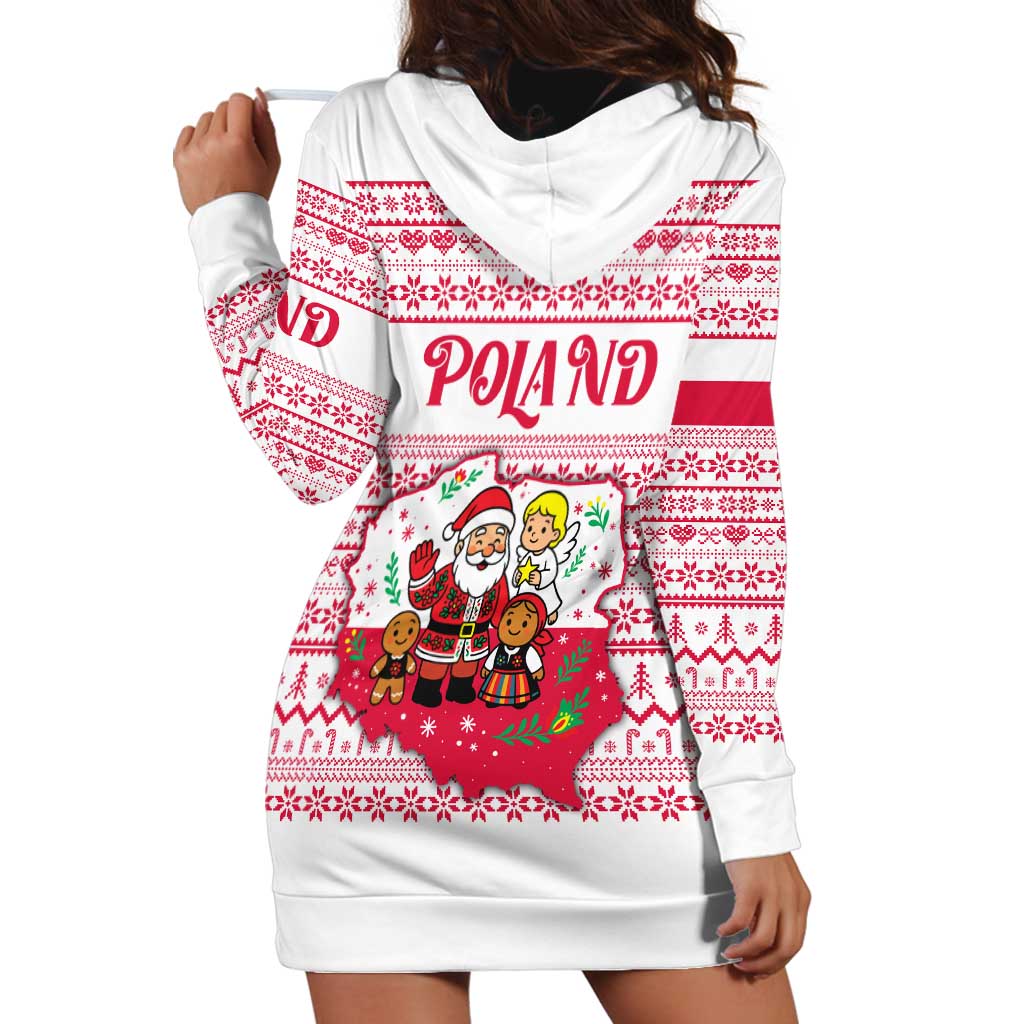 Poland Christmas Hoodie Dress with Santa Children Gingerbread Map Outline and Red Snowflake Knit Pattern Design - Wonder Print Shop