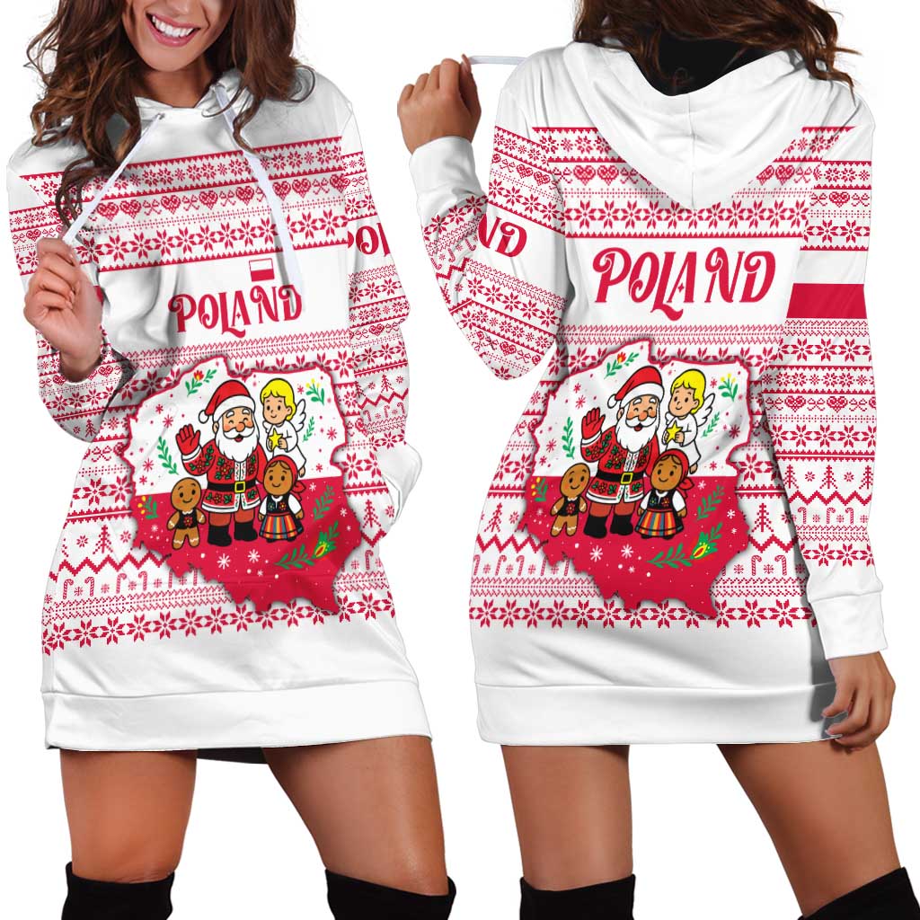 Poland Christmas Hoodie Dress with Santa Children Gingerbread Map Outline and Red Snowflake Knit Pattern Design - Wonder Print Shop
