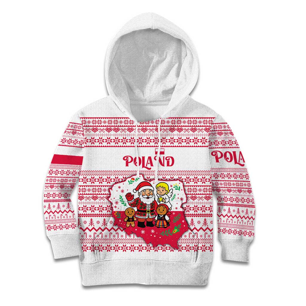 Poland Christmas Kid Hoodie with Santa Children Gingerbread Map Outline and Red Snowflake Knit Pattern Design - Wonder Print Shop