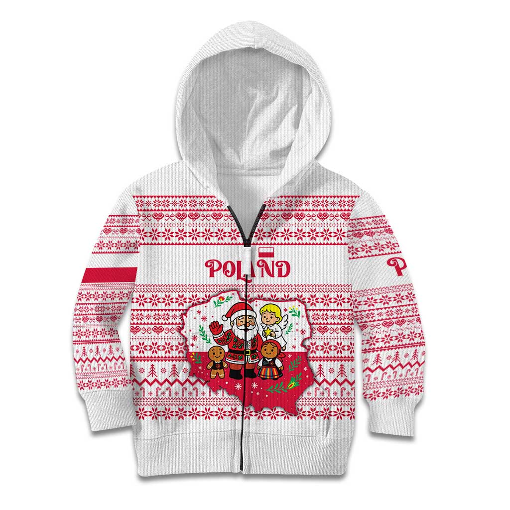 Poland Christmas Kid Hoodie with Santa Children Gingerbread Map Outline and Red Snowflake Knit Pattern Design - Wonder Print Shop