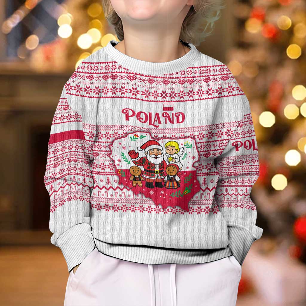 Poland Christmas Kid Ugly Christmas Sweater with Santa Children Gingerbread Map Outline and Red Snowflake Knit Pattern Design - Wonder Print Shop