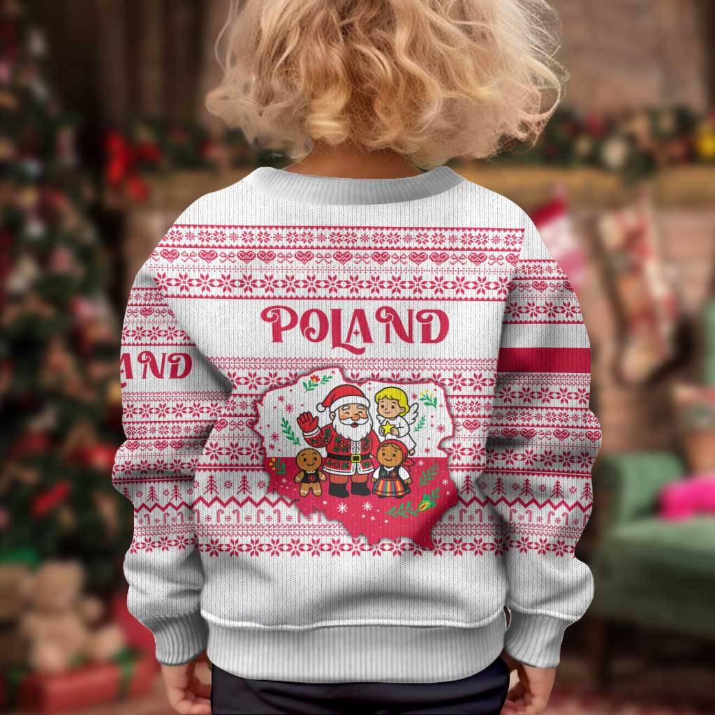 Poland Christmas Kid Ugly Christmas Sweater with Santa Children Gingerbread Map Outline and Red Snowflake Knit Pattern Design - Wonder Print Shop