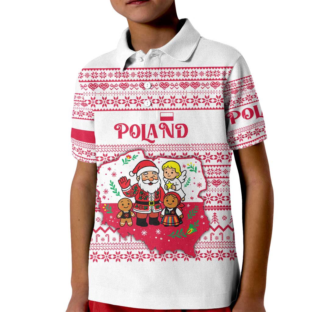 Poland Christmas Kid Polo Shirt with Santa Children Gingerbread Map Outline and Red Snowflake Knit Pattern Design - Wonder Print Shop