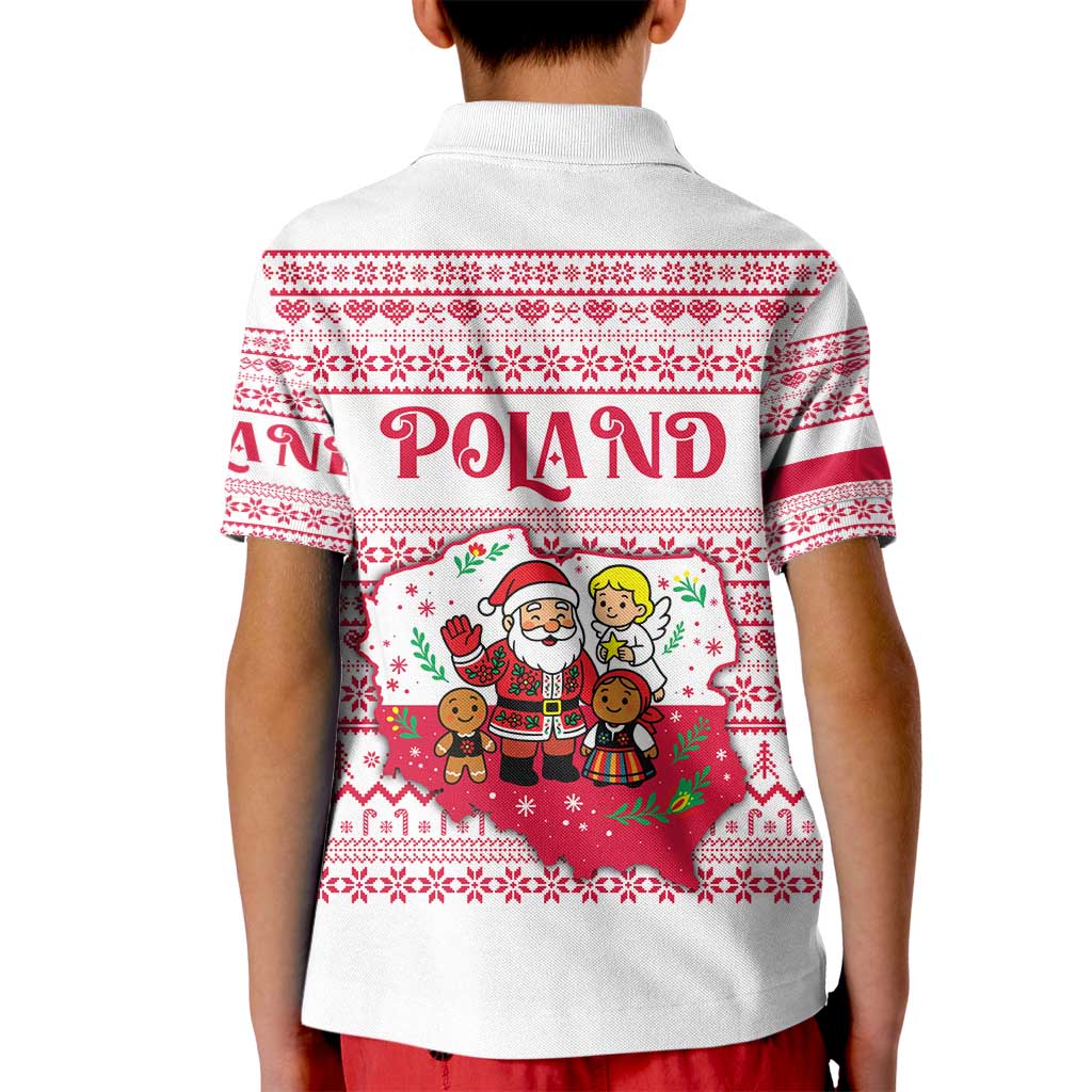 Poland Christmas Kid Polo Shirt with Santa Children Gingerbread Map Outline and Red Snowflake Knit Pattern Design - Wonder Print Shop