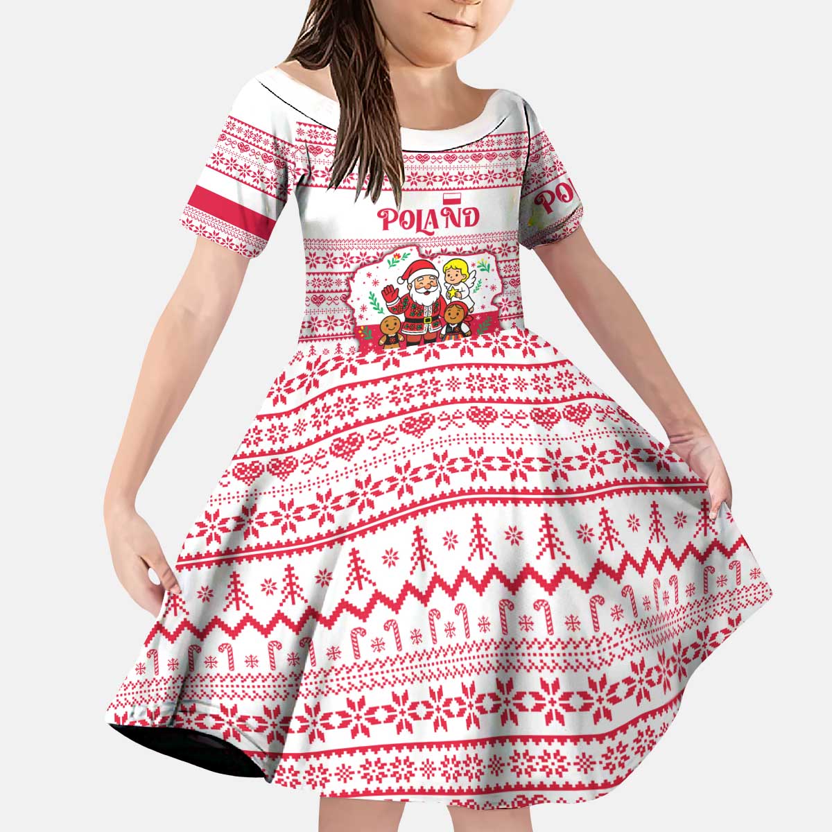 Poland Christmas Kid Short Sleeve Dress with Santa Children Gingerbread Map Outline and Red Snowflake Knit Pattern Design - Wonder Print Shop