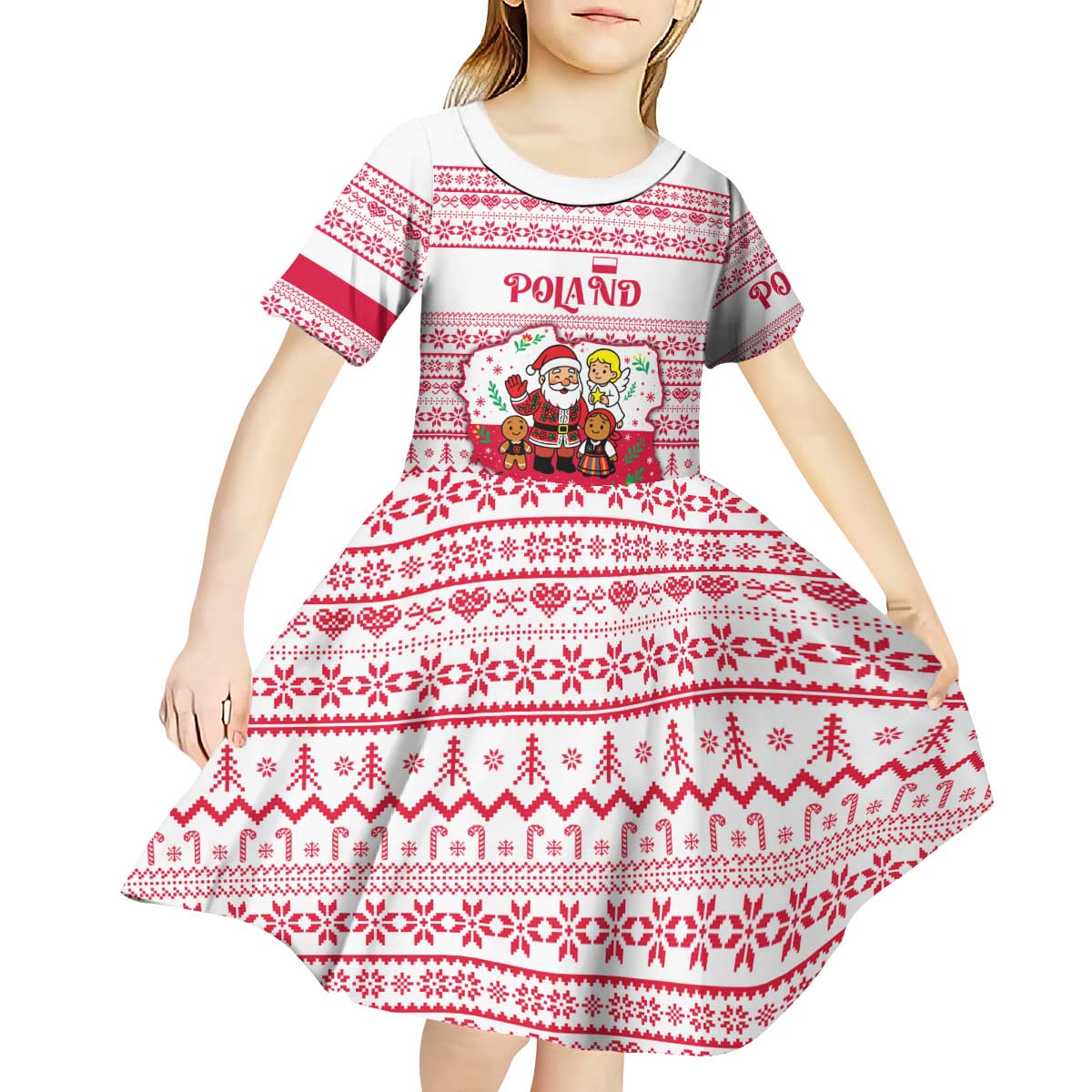 Poland Christmas Kid Short Sleeve Dress with Santa Children Gingerbread Map Outline and Red Snowflake Knit Pattern Design - Wonder Print Shop