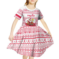 Poland Christmas Kid Short Sleeve Dress with Santa Children Gingerbread Map Outline and Red Snowflake Knit Pattern Design - Wonder Print Shop