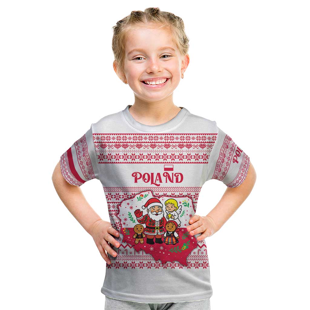 Poland Christmas Kid T Shirt with Santa Children Gingerbread Map Outline and Red Snowflake Knit Pattern Design - Wonder Print Shop
