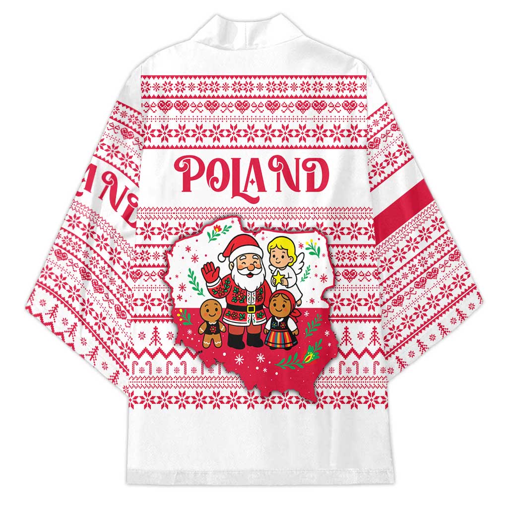 Poland Christmas Kimono with Santa Children Gingerbread Map Outline and Red Snowflake Knit Pattern Design - Wonder Print Shop