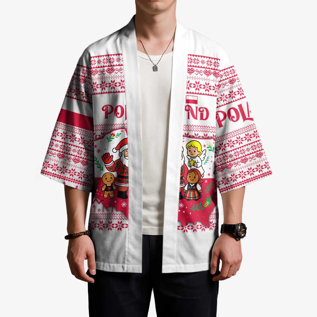 Poland Christmas Kimono with Santa Children Gingerbread Map Outline and Red Snowflake Knit Pattern Design - Wonder Print Shop