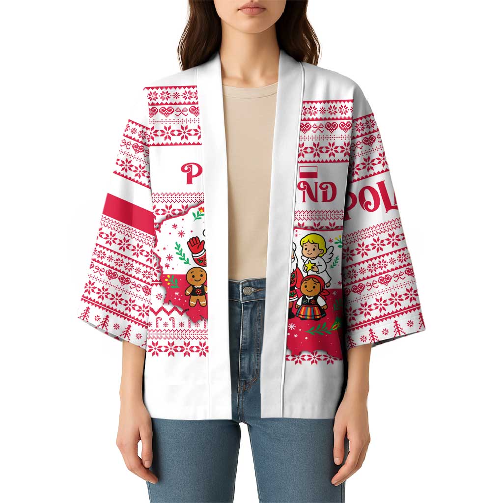 Poland Christmas Kimono with Santa Children Gingerbread Map Outline and Red Snowflake Knit Pattern Design - Wonder Print Shop