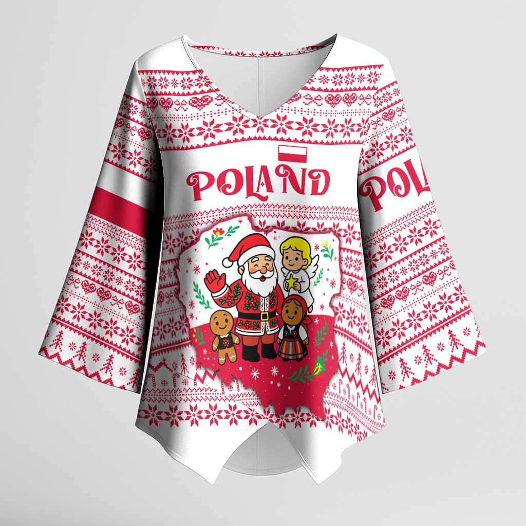 Poland Christmas Kimono Sleeve Blouse with Santa Children Gingerbread Map Outline and Red Snowflake Knit Pattern Design - Wonder Print Shop