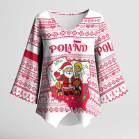 Poland Christmas Kimono Sleeve Blouse with Santa Children Gingerbread Map Outline and Red Snowflake Knit Pattern Design - Wonder Print Shop