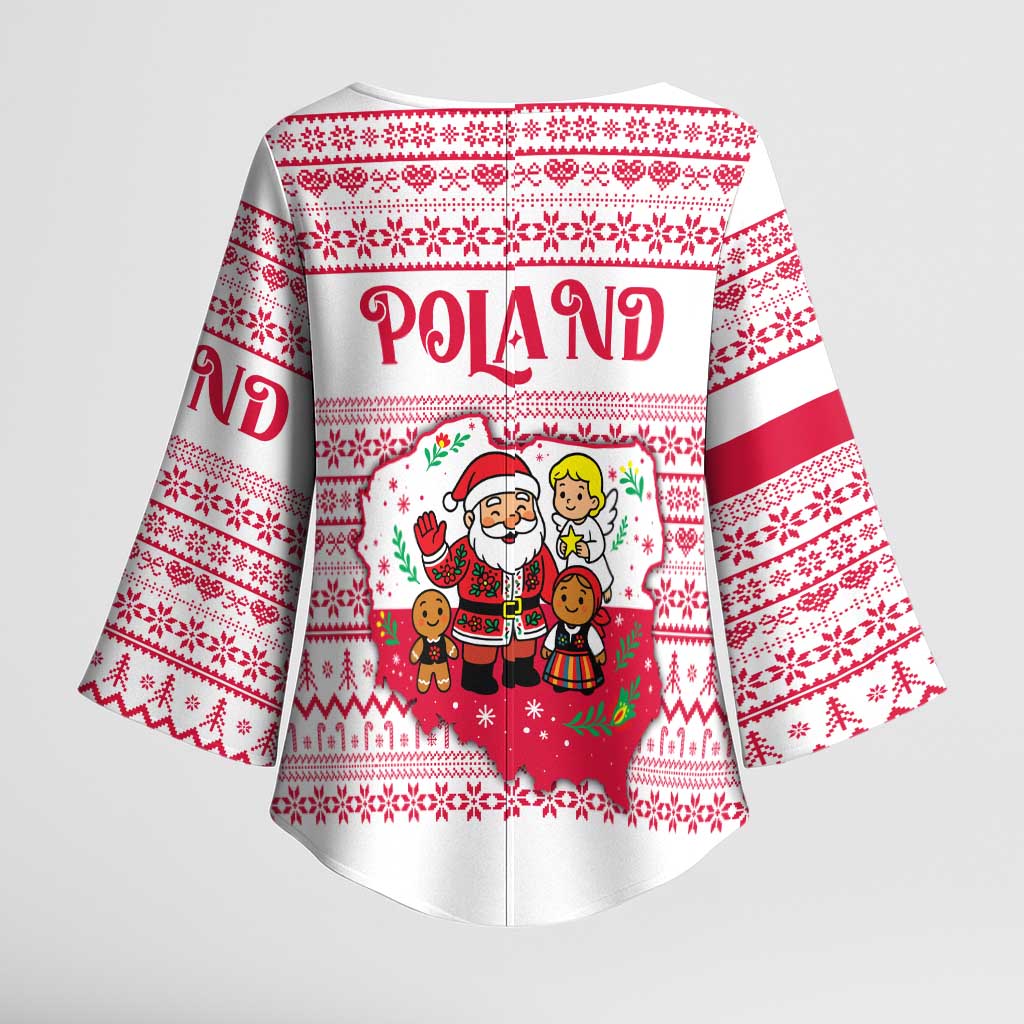 Poland Christmas Kimono Sleeve Blouse with Santa Children Gingerbread Map Outline and Red Snowflake Knit Pattern Design - Wonder Print Shop