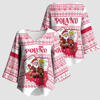 Poland Christmas Kimono Sleeve Blouse with Santa Children Gingerbread Map Outline and Red Snowflake Knit Pattern Design - Wonder Print Shop