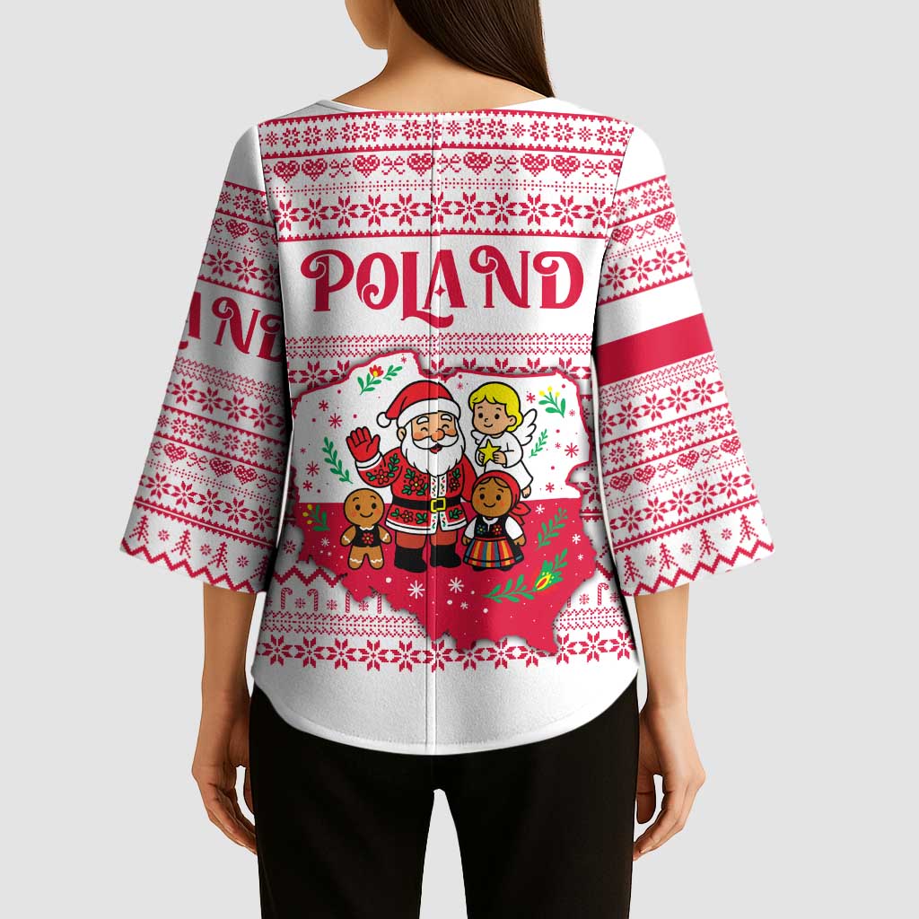 Poland Christmas Kimono Sleeve Blouse with Santa Children Gingerbread Map Outline and Red Snowflake Knit Pattern Design - Wonder Print Shop