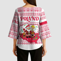 Poland Christmas Kimono Sleeve Blouse with Santa Children Gingerbread Map Outline and Red Snowflake Knit Pattern Design - Wonder Print Shop
