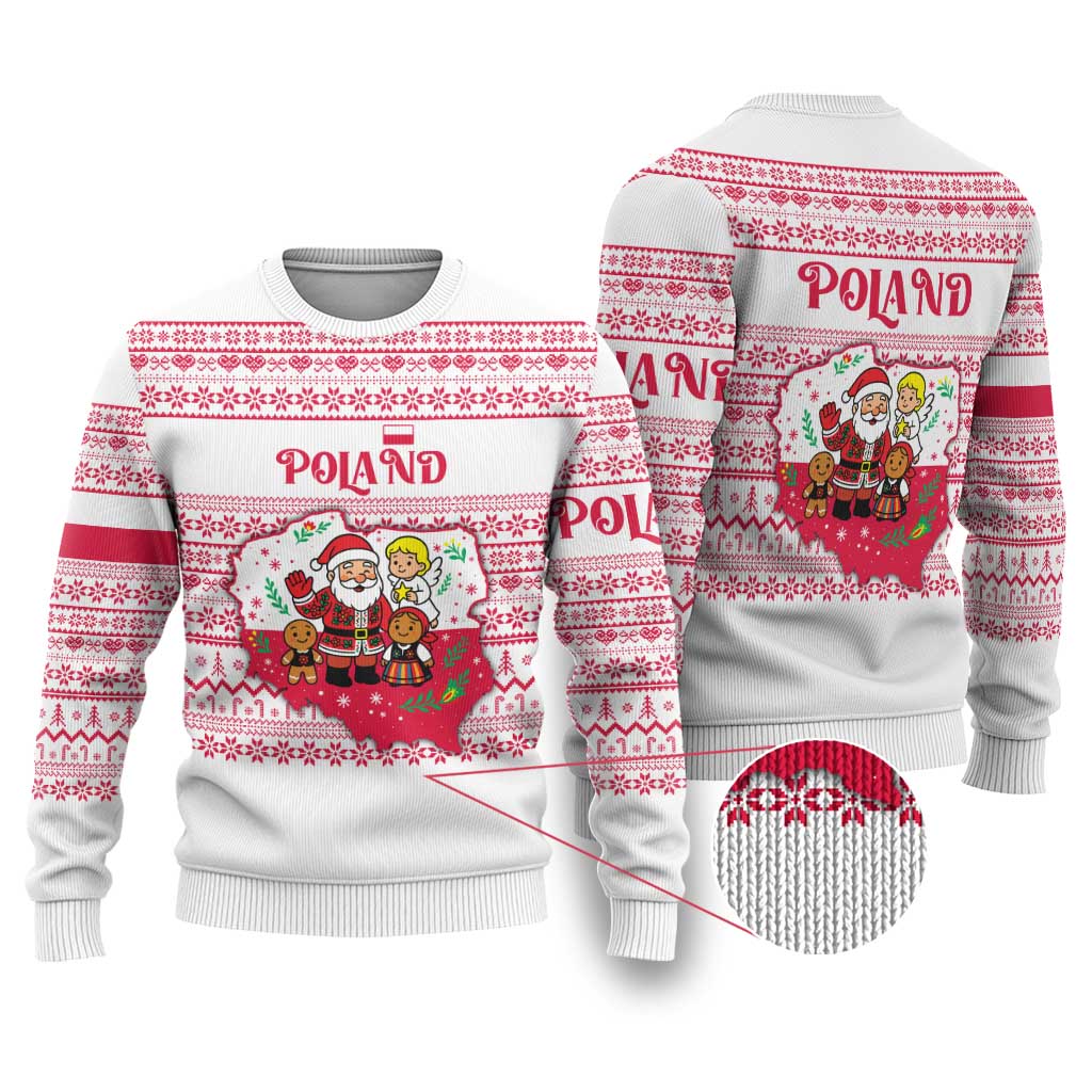 Poland Christmas Ugly Christmas Sweater with Santa Children Gingerbread Map Outline and Red Snowflake Knit Pattern Design - Wonder Print Shop