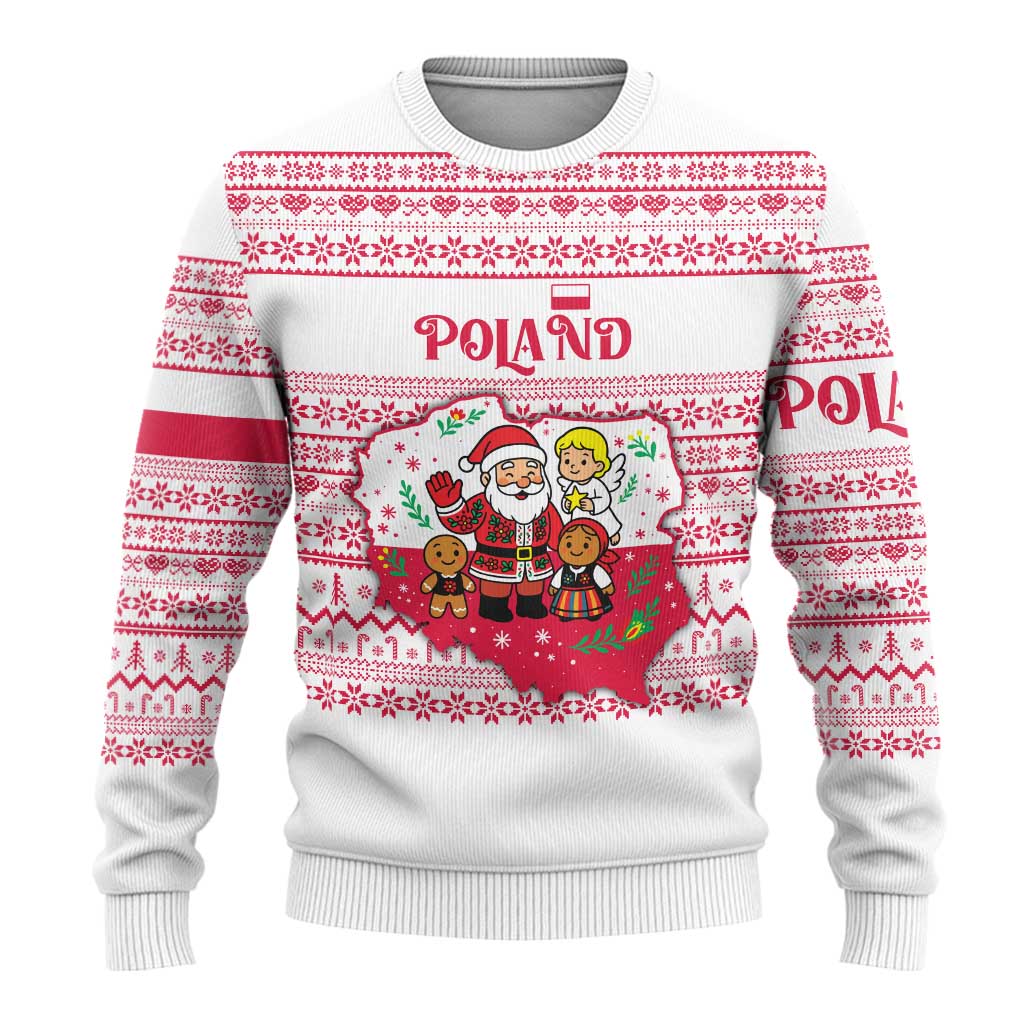 Poland Christmas Ugly Christmas Sweater with Santa Children Gingerbread Map Outline and Red Snowflake Knit Pattern Design - Wonder Print Shop