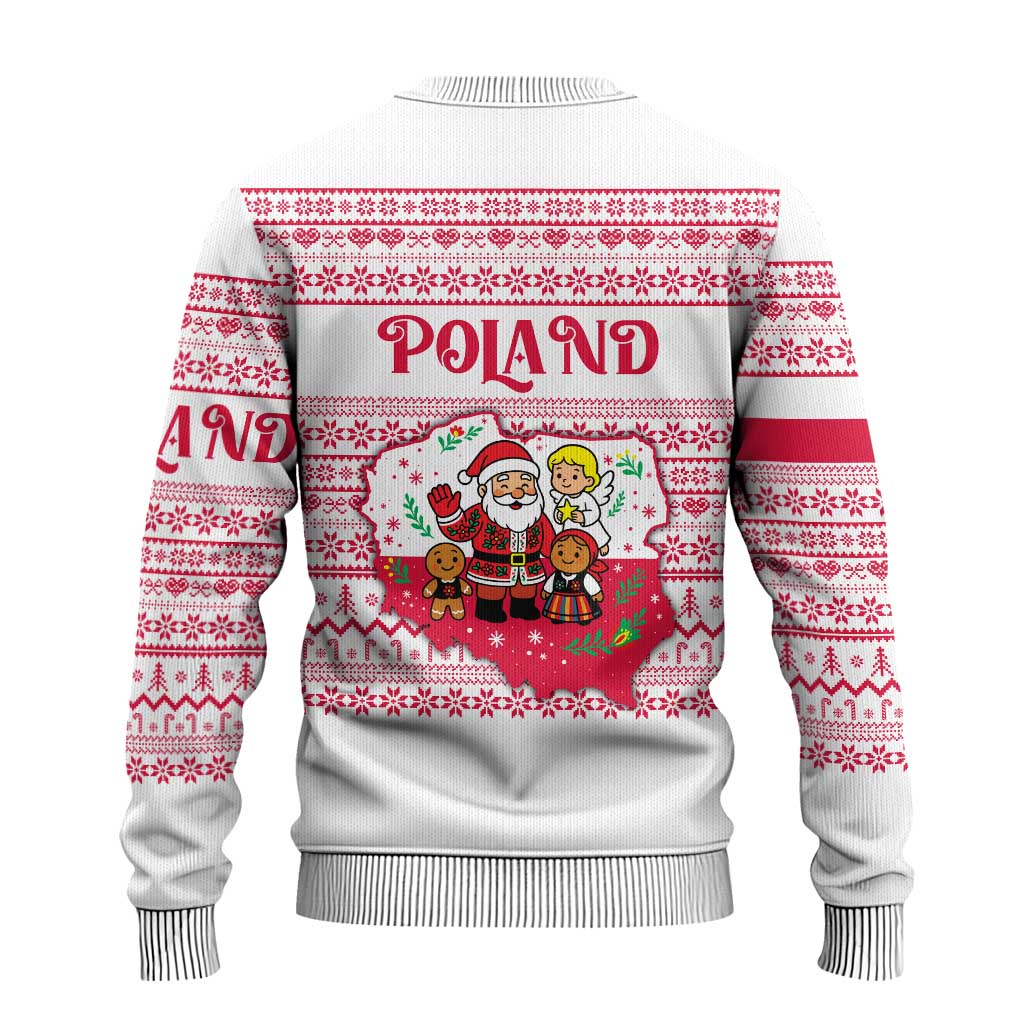 Poland Christmas Ugly Christmas Sweater with Santa Children Gingerbread Map Outline and Red Snowflake Knit Pattern Design - Wonder Print Shop