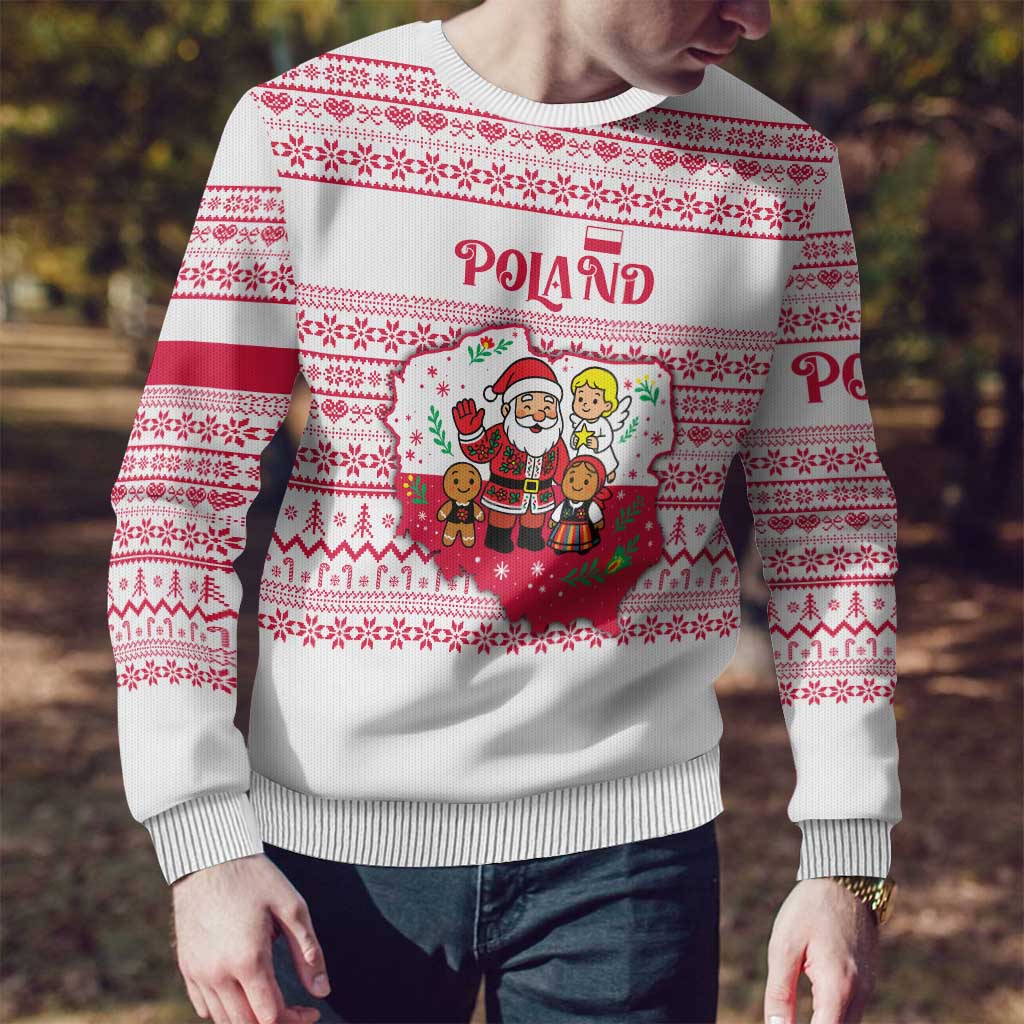 Poland Christmas Ugly Christmas Sweater with Santa Children Gingerbread Map Outline and Red Snowflake Knit Pattern Design - Wonder Print Shop