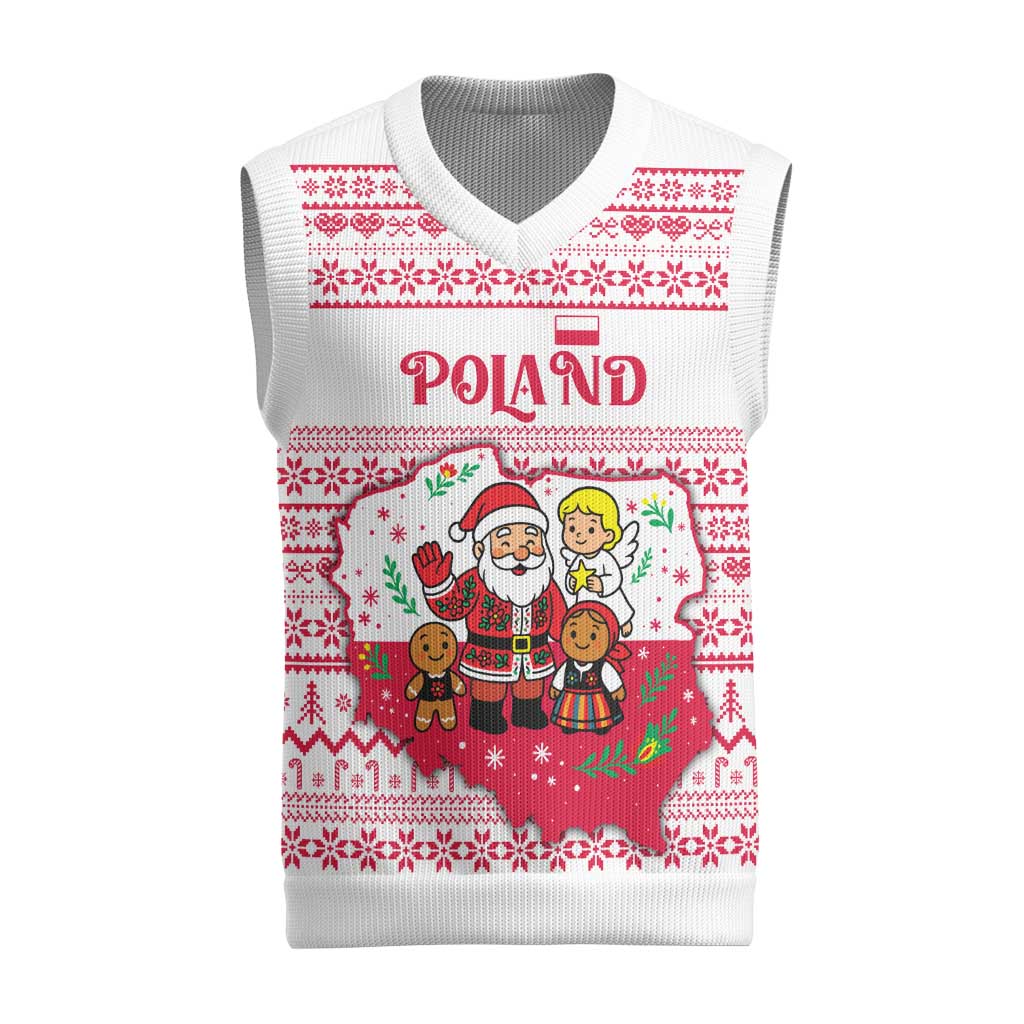 Poland Christmas Knitted V-Neck Vest with Santa Children Gingerbread Map Outline and Red Snowflake Knit Pattern Design - Wonder Print Shop