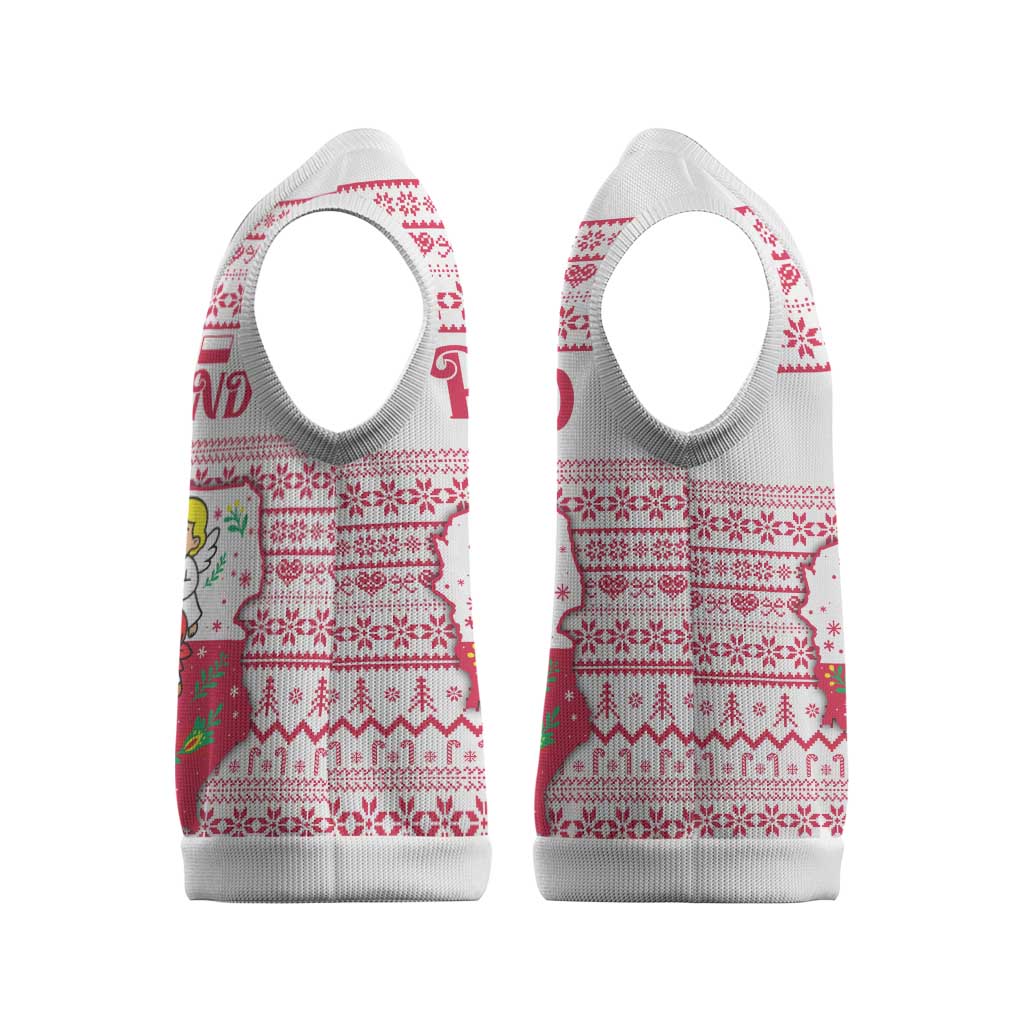 Poland Christmas Knitted V-Neck Vest with Santa Children Gingerbread Map Outline and Red Snowflake Knit Pattern Design - Wonder Print Shop