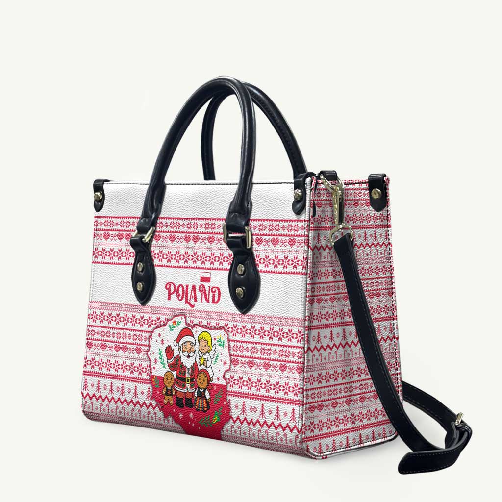 Poland Christmas Leather Bag with Santa Children Gingerbread Map Outline and Red Snowflake Knit Pattern Design - Wonder Print Shop