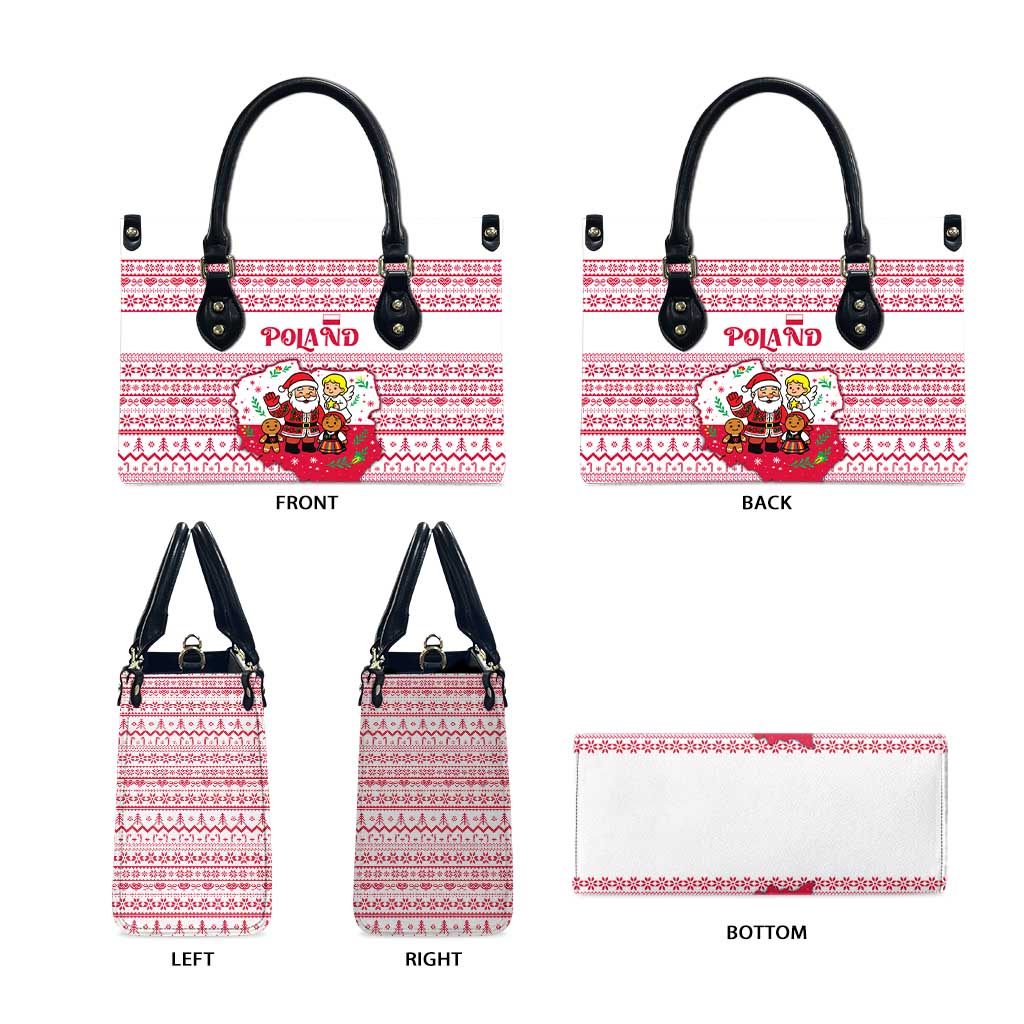 Poland Christmas Leather Bag with Santa Children Gingerbread Map Outline and Red Snowflake Knit Pattern Design - Wonder Print Shop