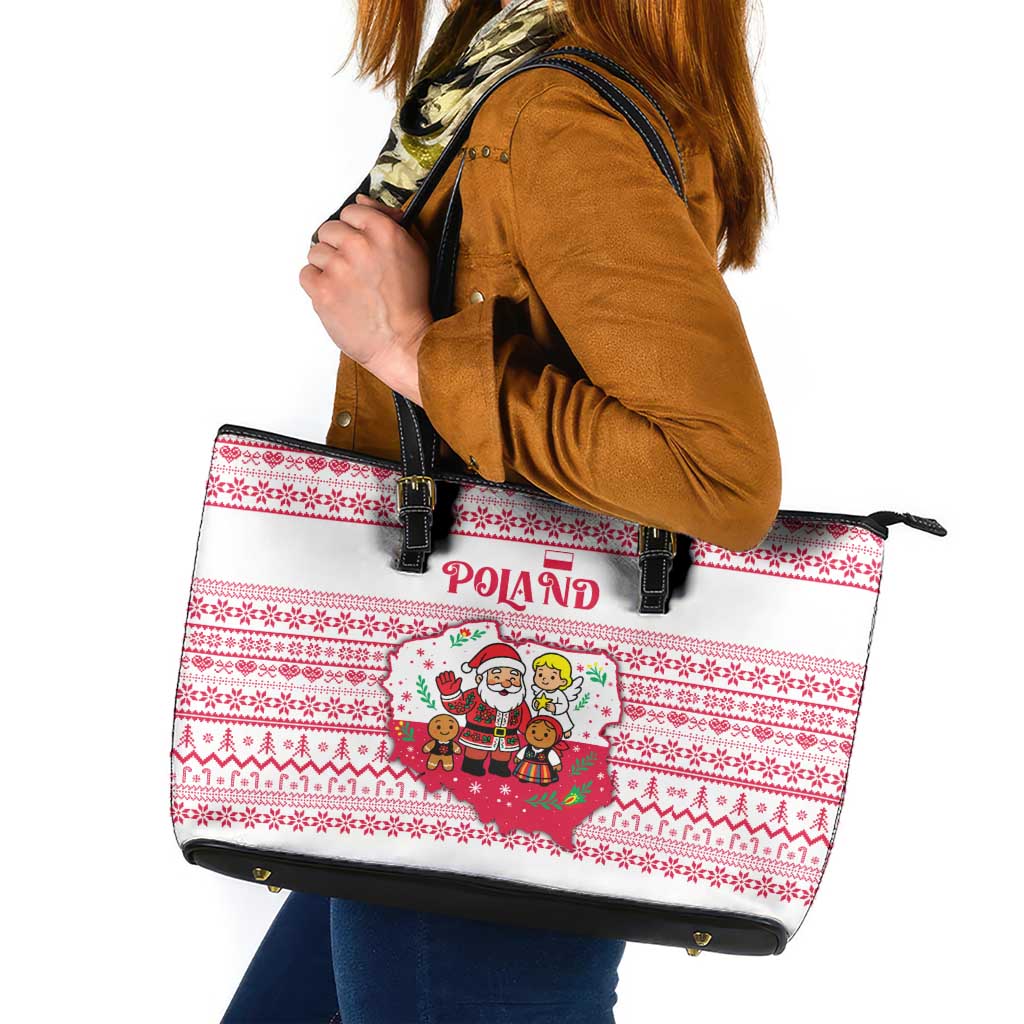 Poland Christmas Leather Tote Bag with Santa Children Gingerbread Map Outline and Red Snowflake Knit Pattern Design - Wonder Print Shop