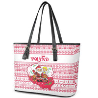 Poland Christmas Leather Tote Bag with Santa Children Gingerbread Map Outline and Red Snowflake Knit Pattern Design - Wonder Print Shop