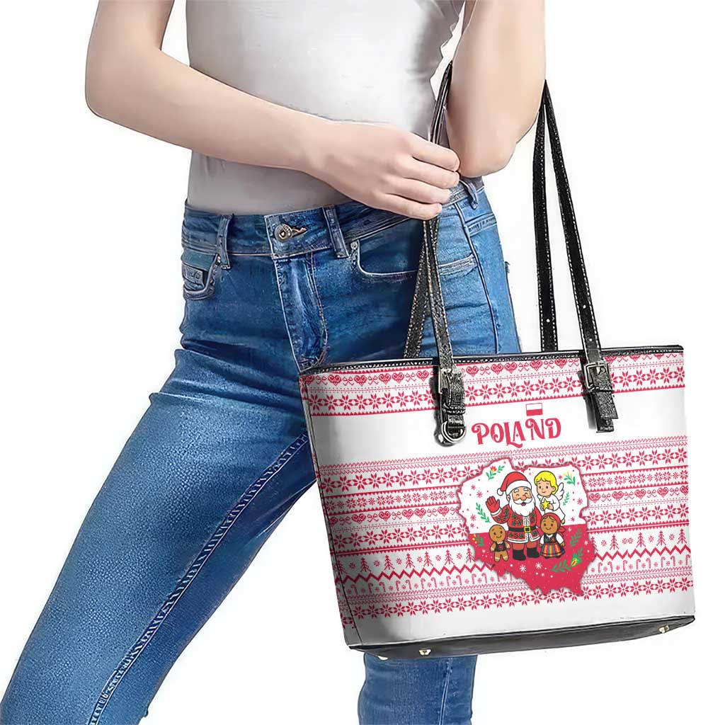 Poland Christmas Leather Tote Bag with Santa Children Gingerbread Map Outline and Red Snowflake Knit Pattern Design - Wonder Print Shop