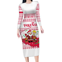 Poland Christmas Long Sleeve Bodycon Dress with Santa Children Gingerbread Map Outline and Red Snowflake Knit Pattern Design - Wonder Print Shop