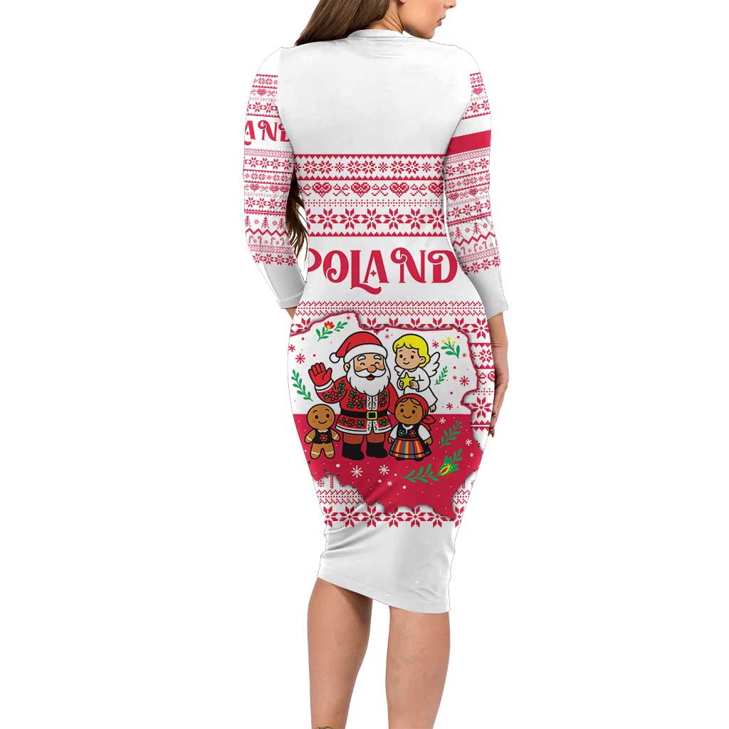 Poland Christmas Long Sleeve Bodycon Dress with Santa Children Gingerbread Map Outline and Red Snowflake Knit Pattern Design - Wonder Print Shop