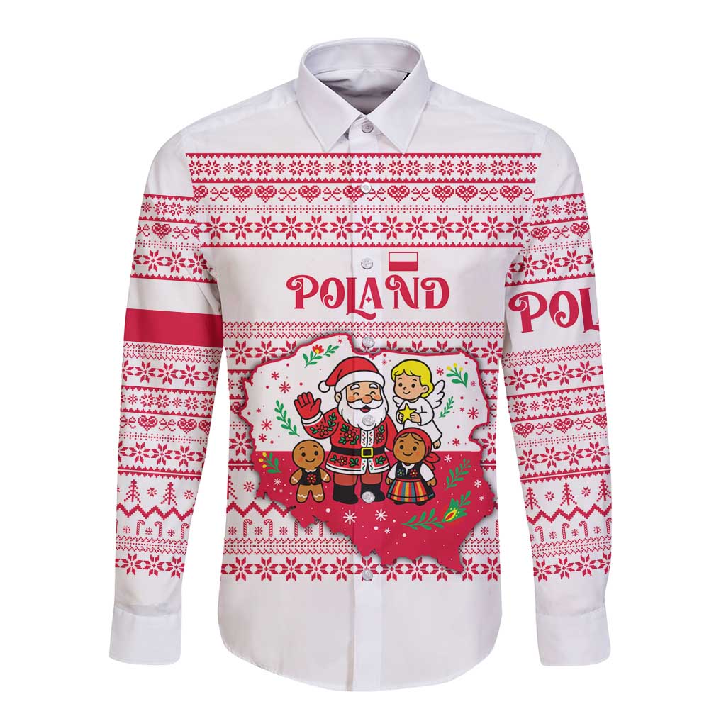 Poland Christmas Long Sleeve Button Shirt with Santa Children Gingerbread Map Outline and Red Snowflake Knit Pattern Design - Wonder Print Shop