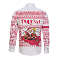 Poland Christmas Long Sleeve Button Shirt with Santa Children Gingerbread Map Outline and Red Snowflake Knit Pattern Design - Wonder Print Shop