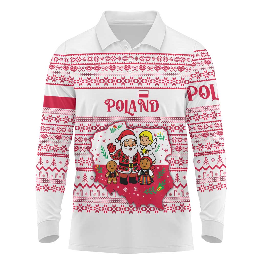 Poland Christmas Long Sleeve Polo Shirt with Santa Children Gingerbread Map Outline and Red Snowflake Knit Pattern Design - Wonder Print Shop