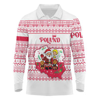 Poland Christmas Long Sleeve Polo Shirt with Santa Children Gingerbread Map Outline and Red Snowflake Knit Pattern Design - Wonder Print Shop