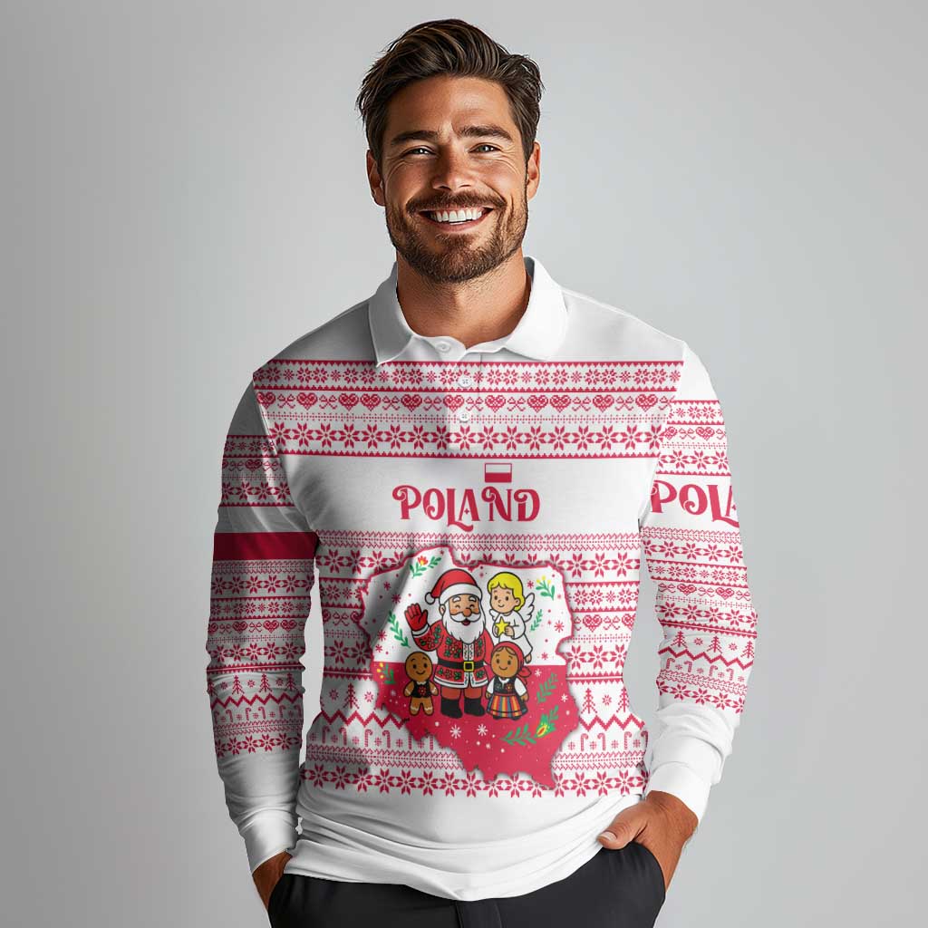 Poland Christmas Long Sleeve Polo Shirt with Santa Children Gingerbread Map Outline and Red Snowflake Knit Pattern Design - Wonder Print Shop