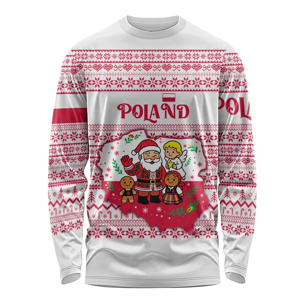 Poland Christmas Long Sleeve Shirt with Santa Children Gingerbread Map Outline and Red Snowflake Knit Pattern Design - Wonder Print Shop