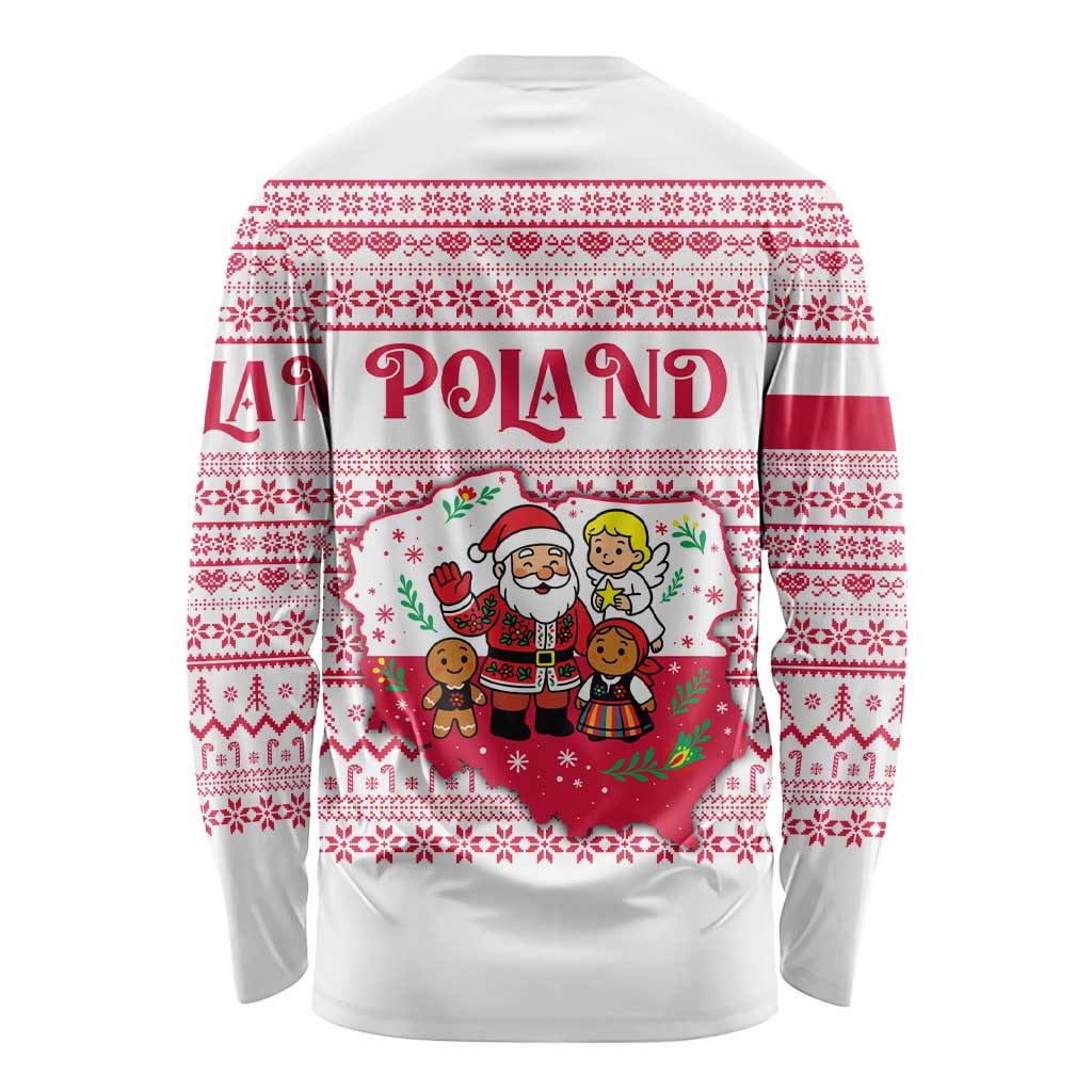 Poland Christmas Long Sleeve Shirt with Santa Children Gingerbread Map Outline and Red Snowflake Knit Pattern Design - Wonder Print Shop