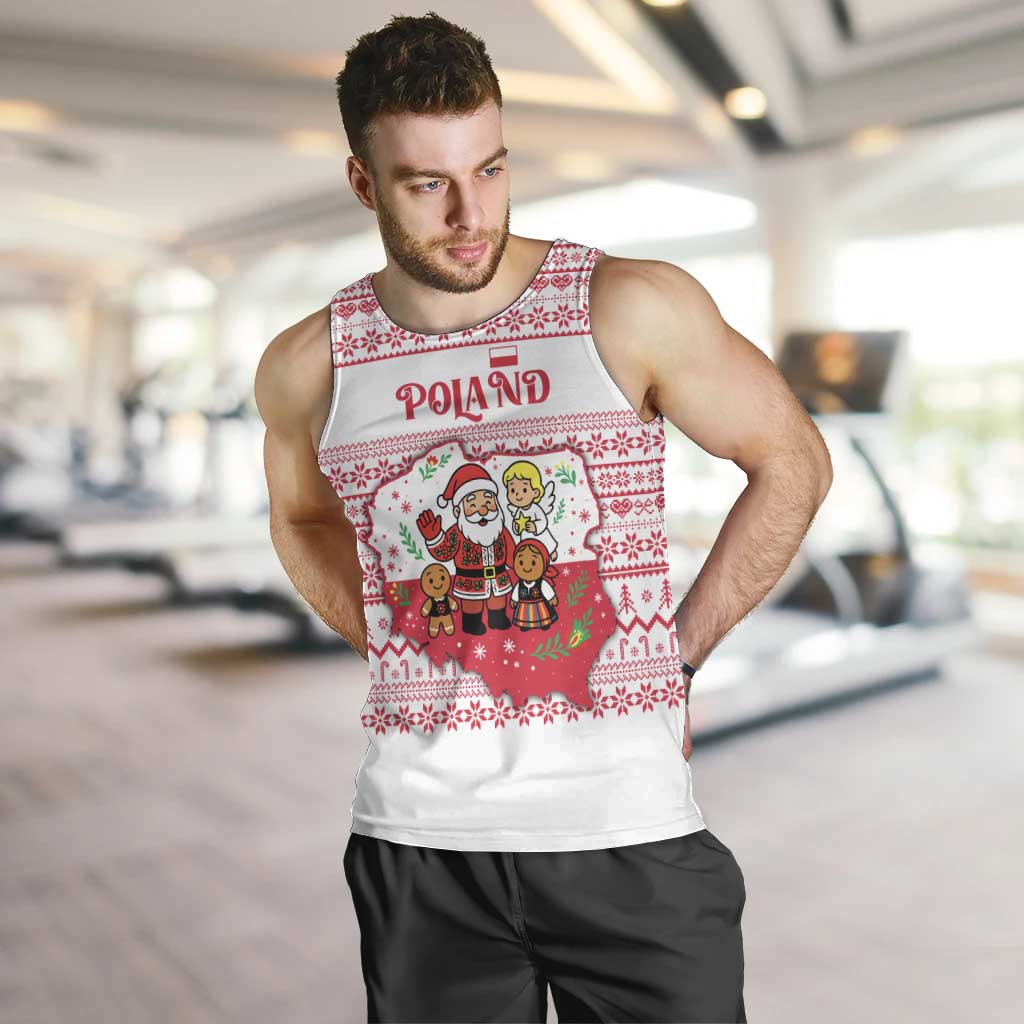 Poland Christmas Men Tank Top with Santa Children Gingerbread Map Outline and Red Snowflake Knit Pattern Design - Wonder Print Shop