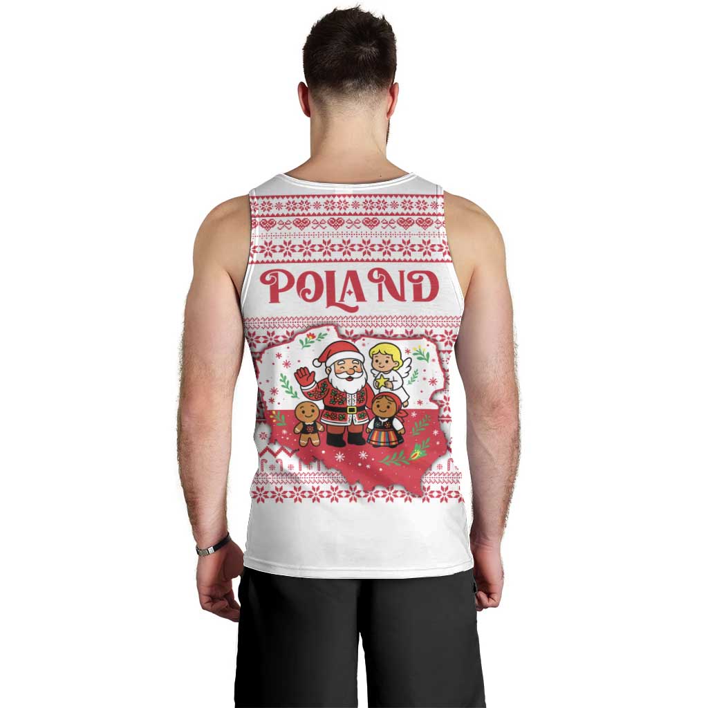 Poland Christmas Men Tank Top with Santa Children Gingerbread Map Outline and Red Snowflake Knit Pattern Design - Wonder Print Shop