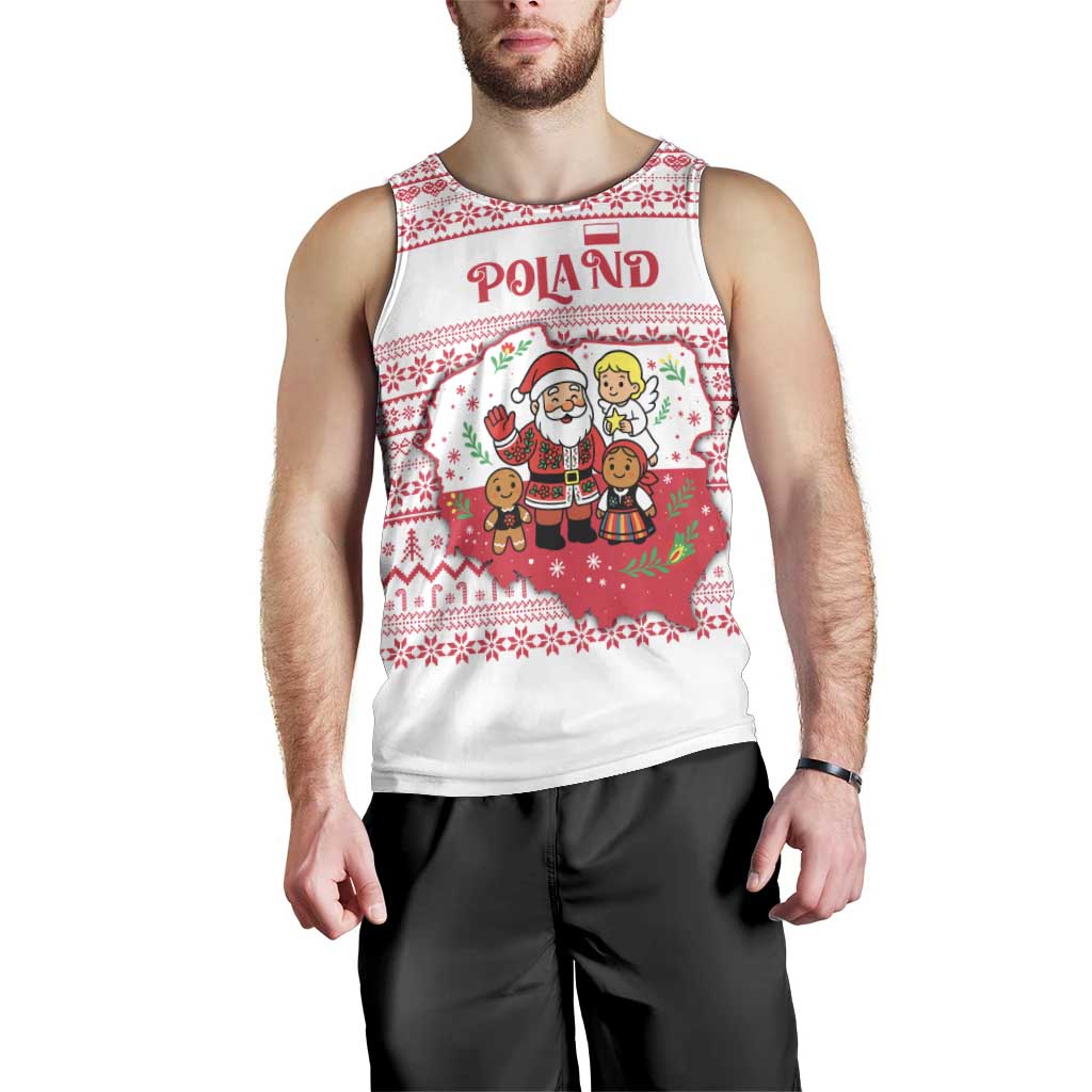 Poland Christmas Men Tank Top with Santa Children Gingerbread Map Outline and Red Snowflake Knit Pattern Design - Wonder Print Shop
