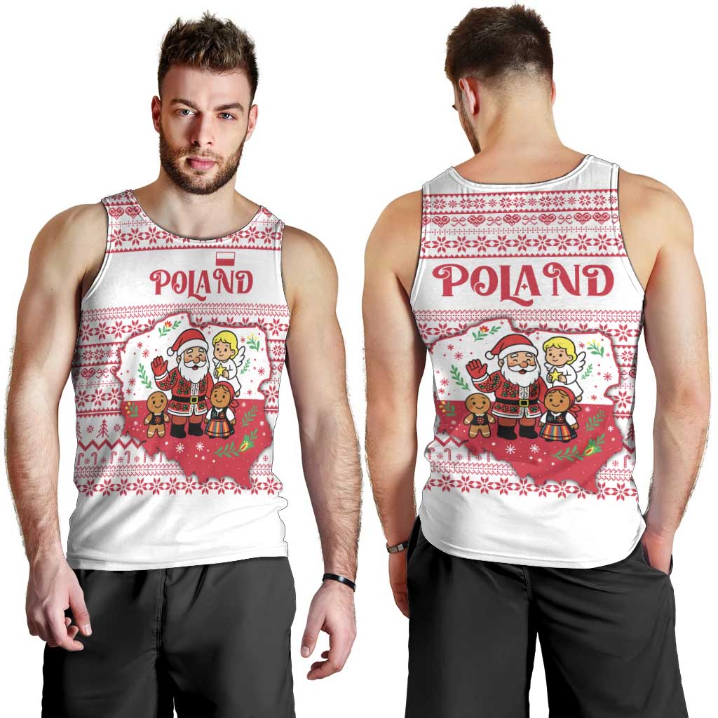 Poland Christmas Men Tank Top with Santa Children Gingerbread Map Outline and Red Snowflake Knit Pattern Design - Wonder Print Shop