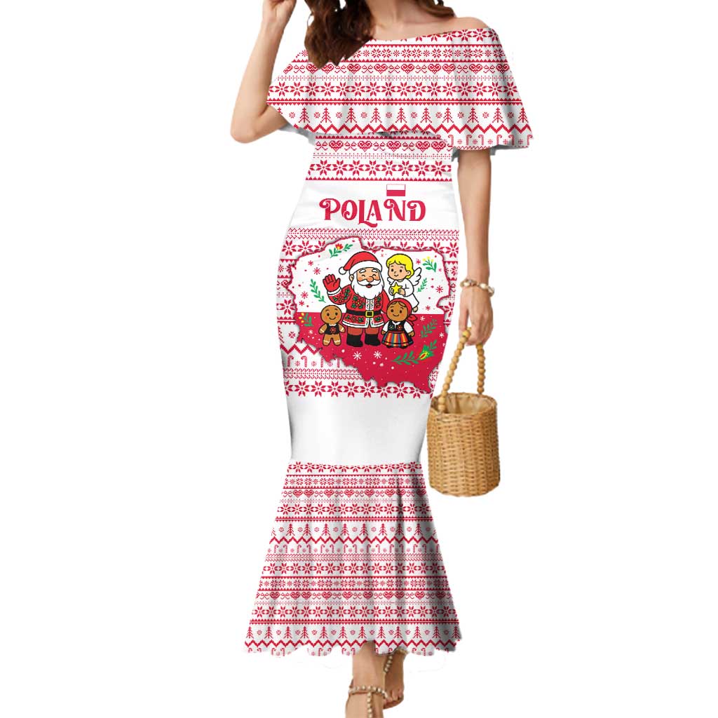 Poland Christmas Mermaid Dress with Santa Children Gingerbread Map Outline and Red Snowflake Knit Pattern Design - Wonder Print Shop